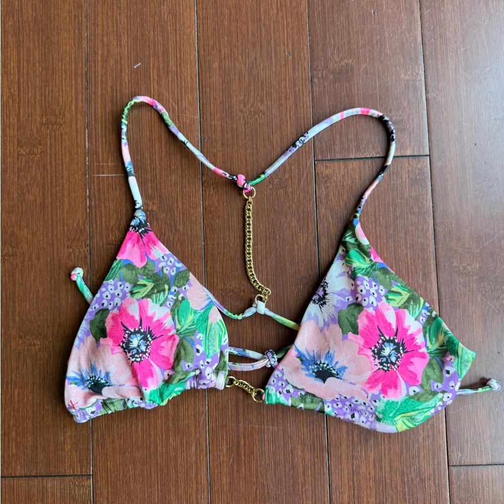 Multicolored Floral Bikini Top With Gold Chain Accents By Victoria's‎ Secret